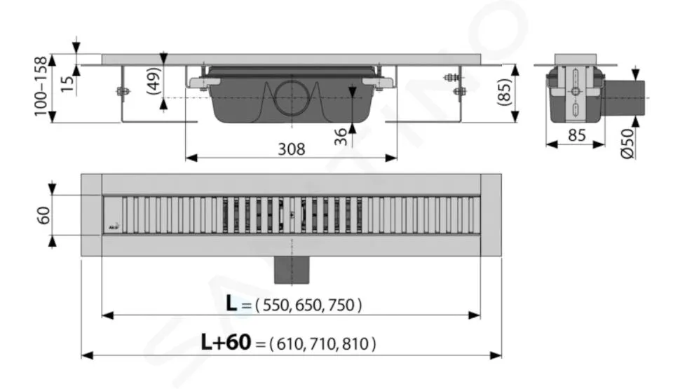 ALCADRAIN CANALETAS DE DESAGüE  PLATO DE DUCHA 65 CM, CON BORDE PARA REJILLA PERFORADA, INCL. REJILLA, ACERO INOXIDABLE APZ1SMA