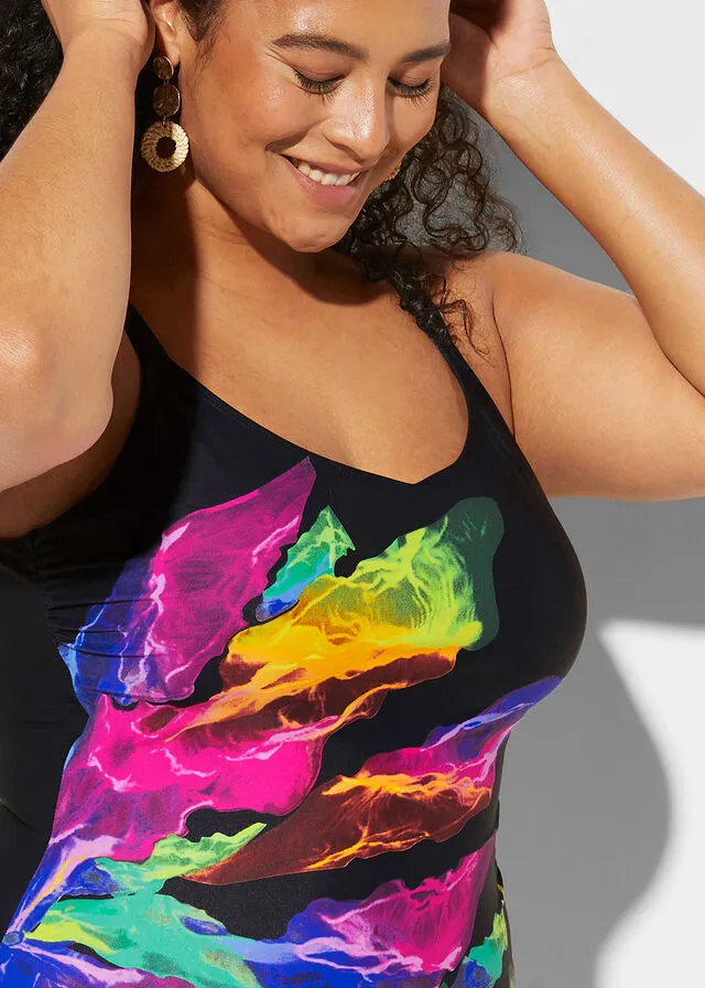 Bañador moldeador con estampado de arcoiris. Negro