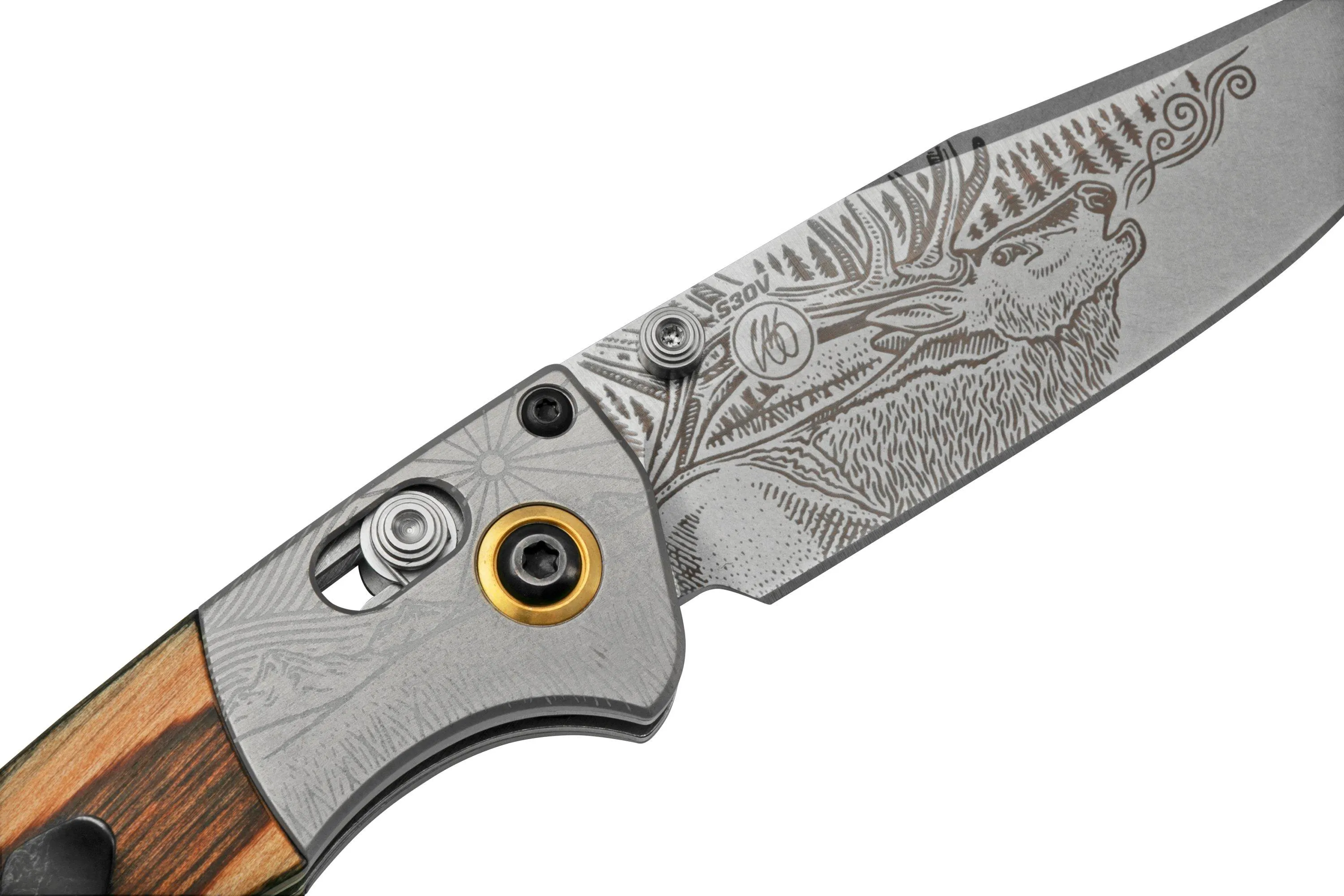 BENCHMADE MINI CROOKED RIVER BULL ELK LIMITED EDITION ARTIST SERIES 150852201, NAVAJA DE CAZA, CASEY UNDERWOOD DISEñO