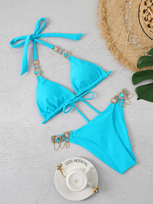 Bikinis con espalda anudada y halter con gema grabada