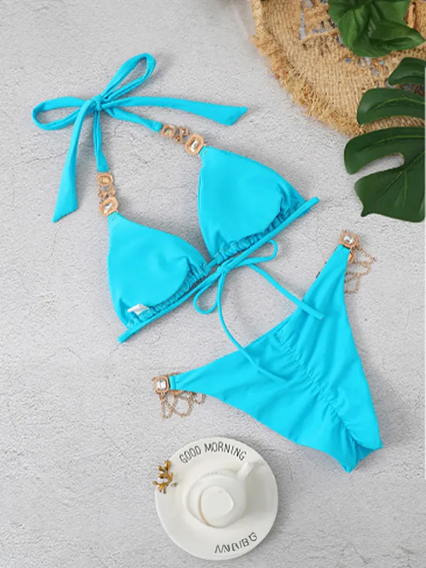 Bikinis con espalda anudada y halter con gema grabada