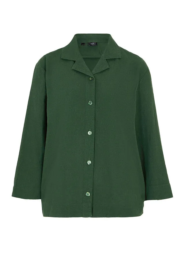Blusa con cuello de solapa con lino Verde oscuro