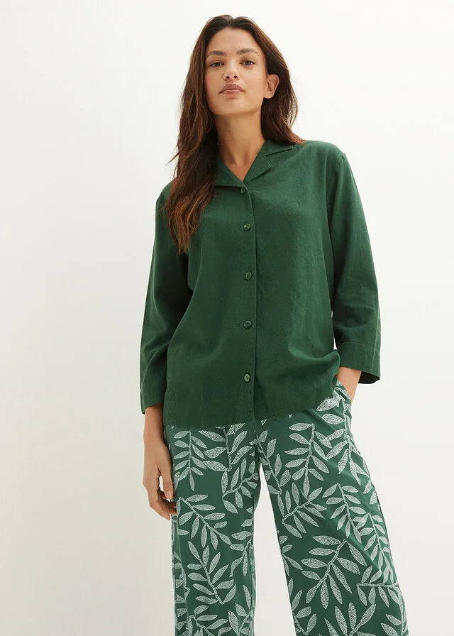 Blusa con cuello de solapa con lino Verde oscuro