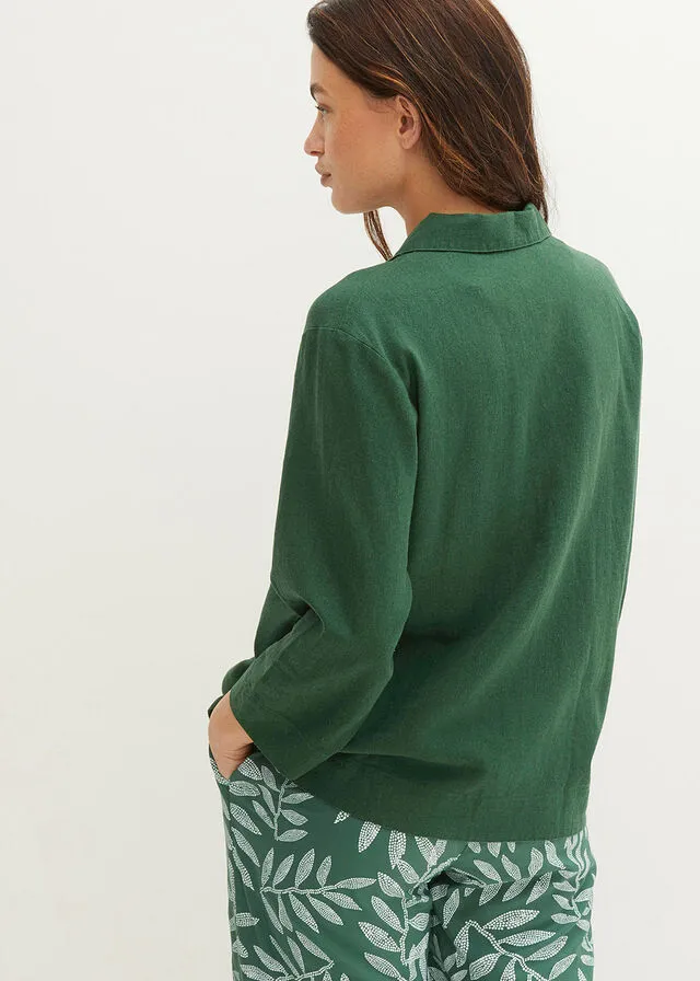 Blusa con cuello de solapa con lino Verde oscuro