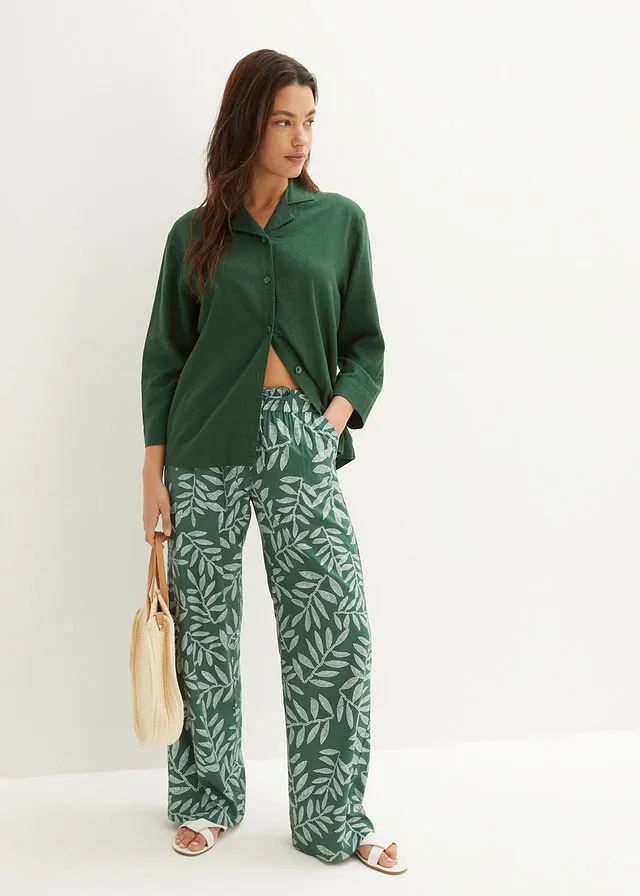 Blusa con cuello de solapa con lino Verde oscuro