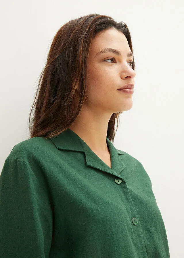 Blusa con cuello de solapa con lino Verde oscuro