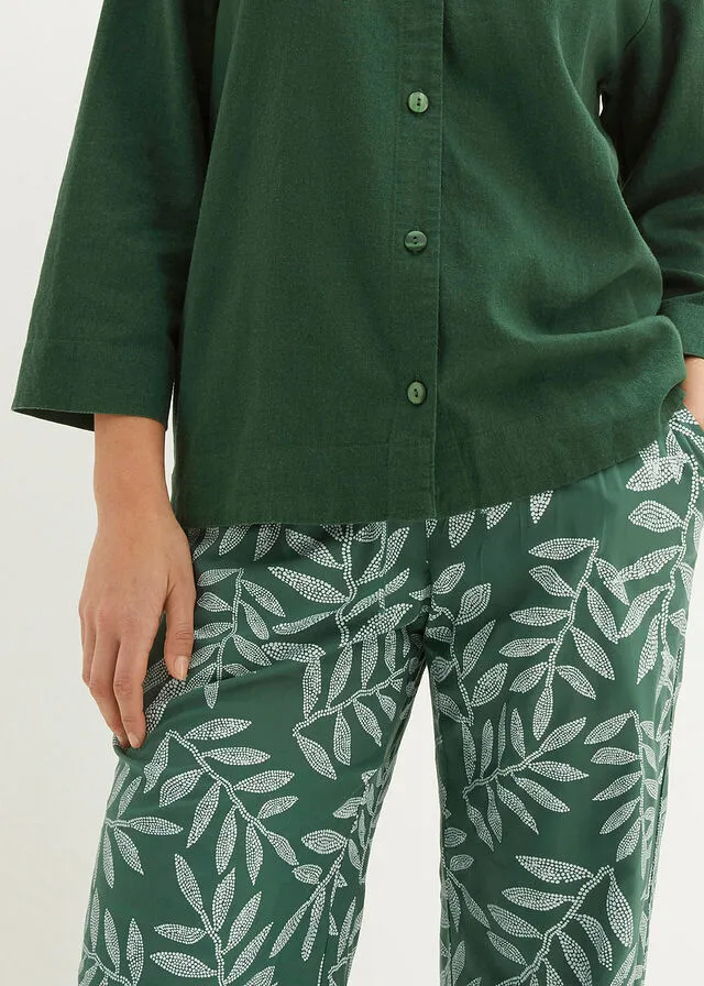 Blusa con cuello de solapa con lino Verde oscuro