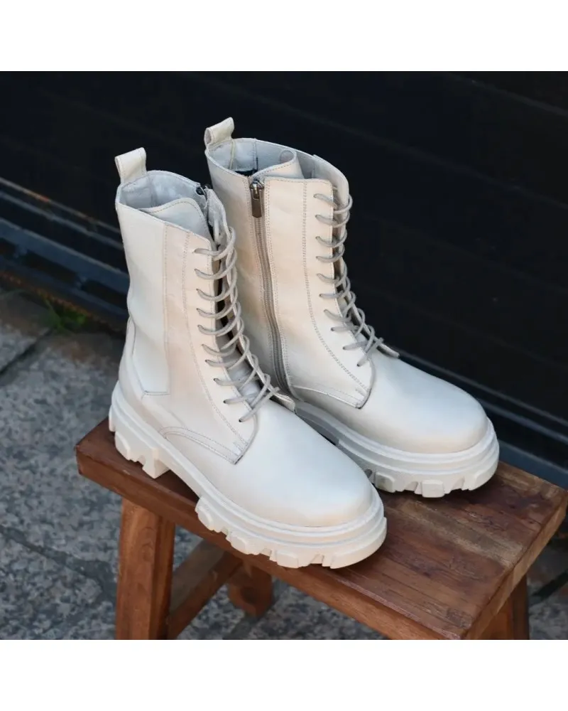 Bota militar de PIEL beige con cierre lateral de cremallera | 21811 top3shoes