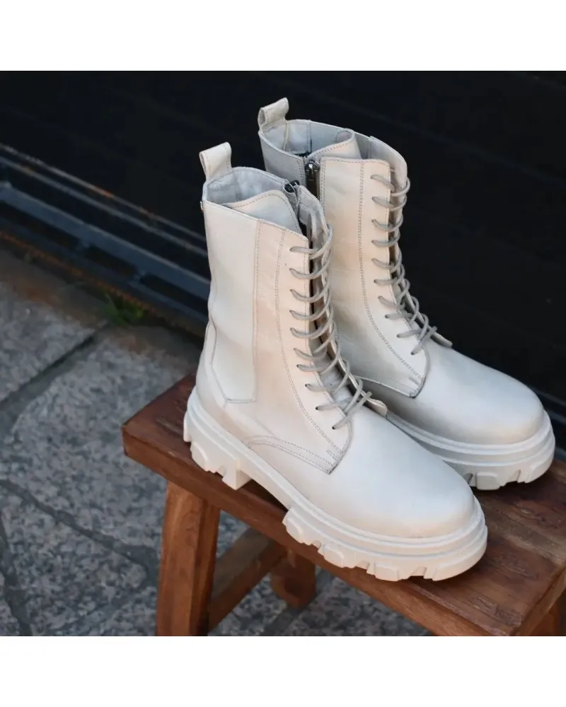 Bota militar de PIEL beige con cierre lateral de cremallera | 21811 top3shoes