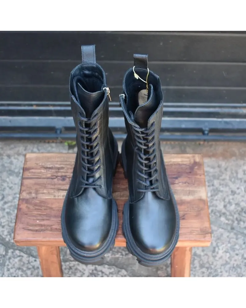 Bota militar de PIEL beige con cierre lateral de cremallera | 21811 top3shoes