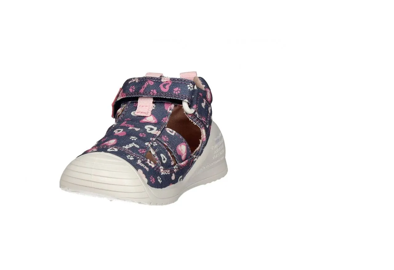 Bota Sandalia Lona Velcro Jeans Corazones Rosa Piso Blanco