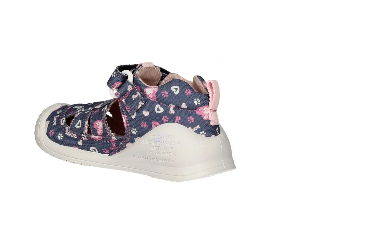 Bota Sandalia Lona Velcro Jeans Corazones Rosa Piso Blanco