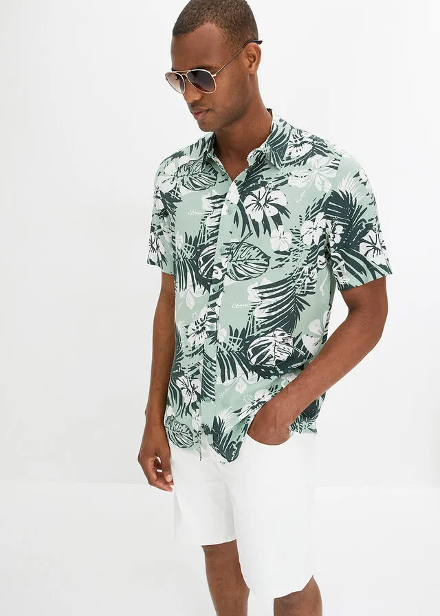 Camisa hawaiana de manga corta Verde pastel de flores