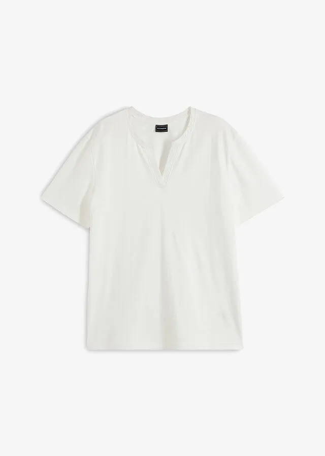 Camiseta con bordado calado en el cuello y de algodón orgánico Blanco lana