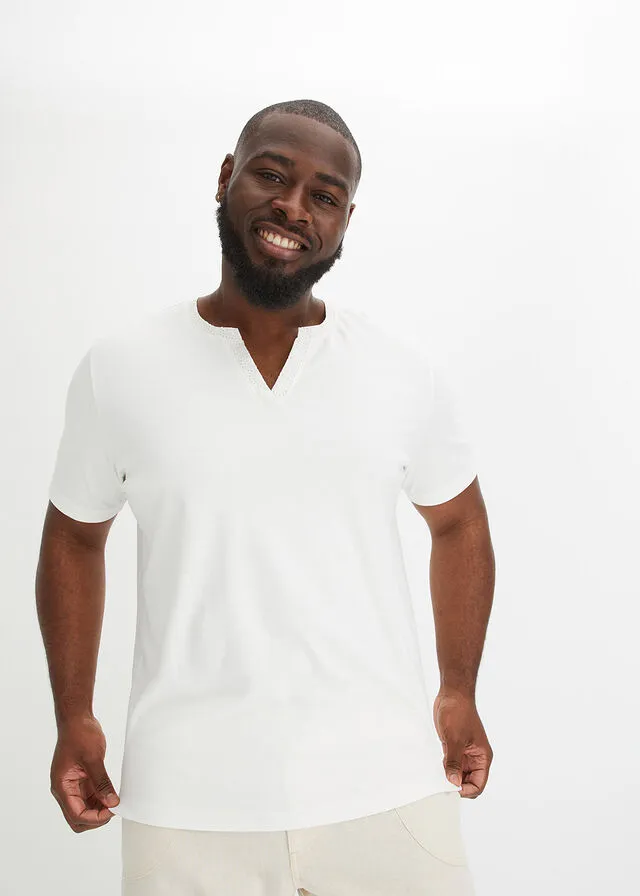 Camiseta con bordado calado en el cuello y de algodón orgánico Blanco lana