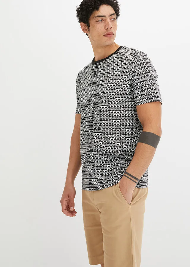 CAMISETA CON CUELLO HENLEY NEGROBLANCO LANA