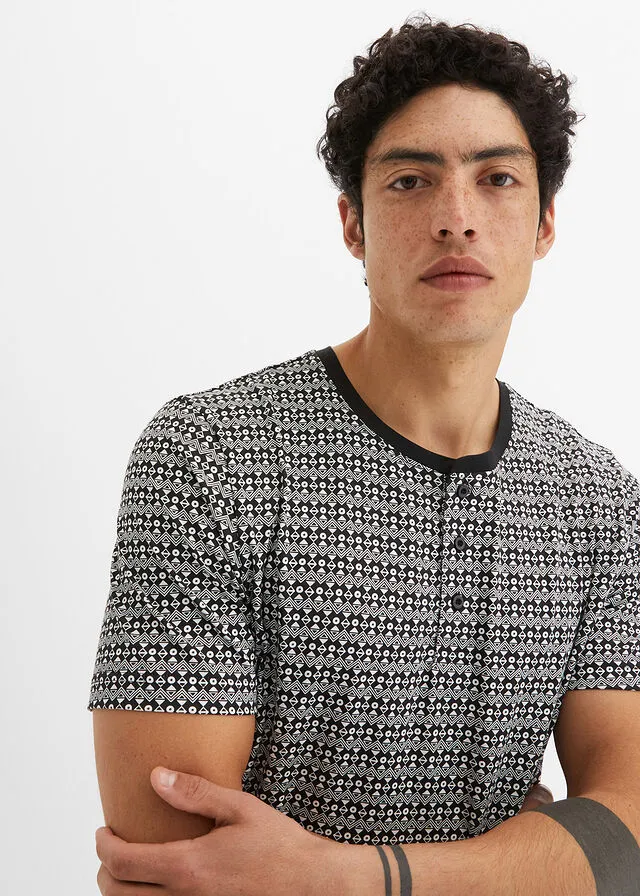 CAMISETA CON CUELLO HENLEY NEGROBLANCO LANA