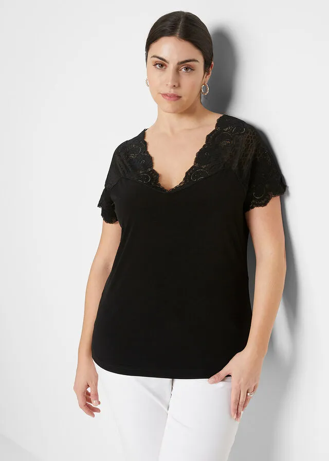 Camiseta con encaje Negro