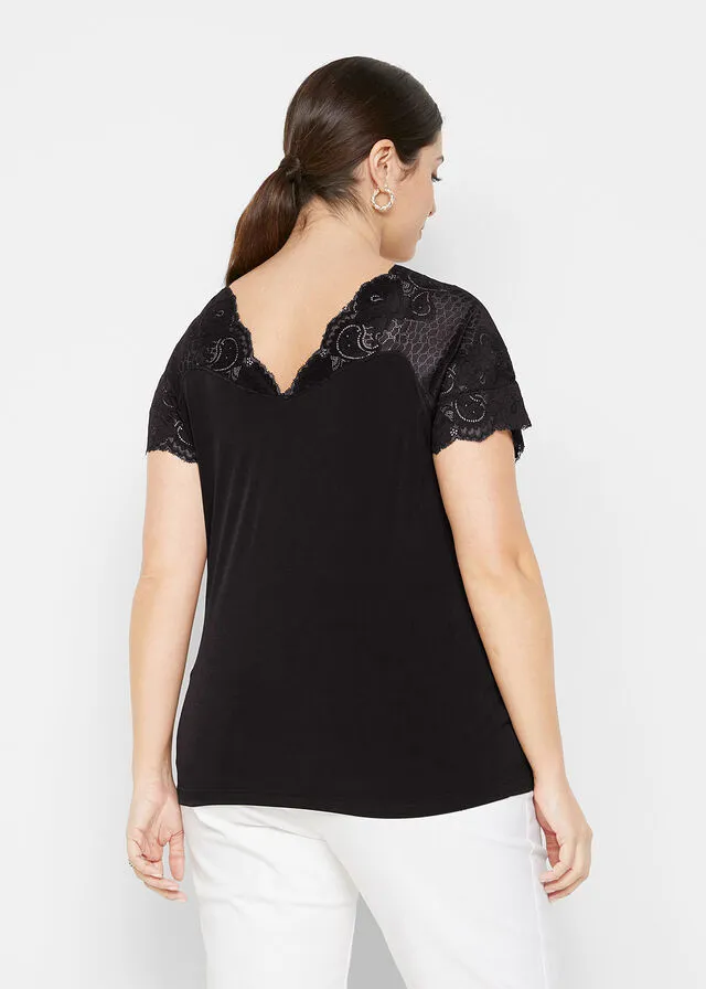 Camiseta con encaje Negro