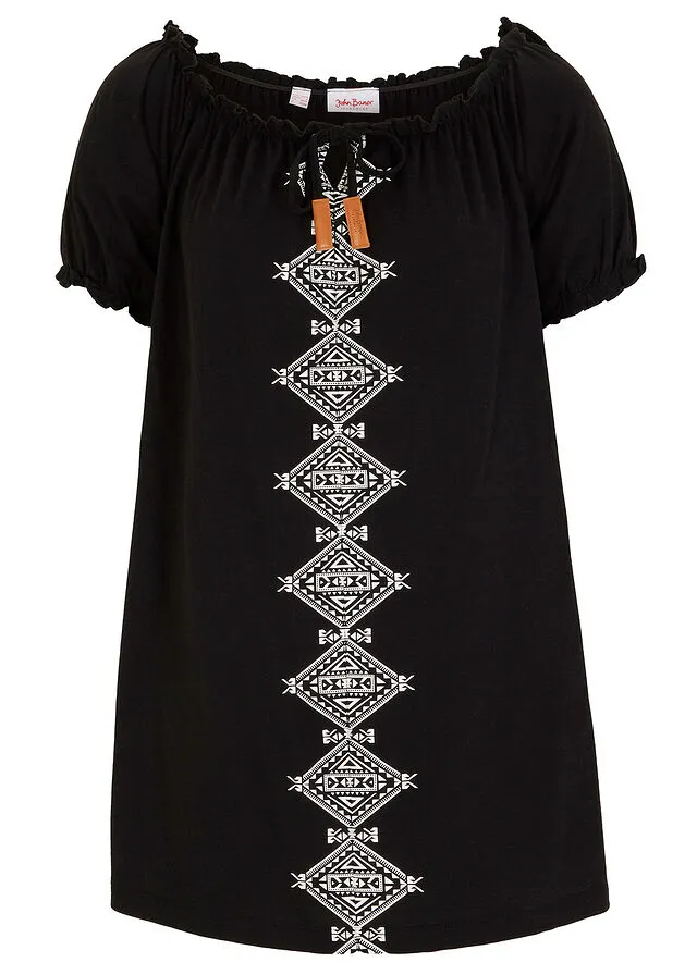 Camiseta con escote bañera Negro estampado