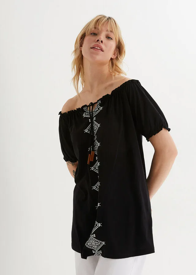 Camiseta con escote bañera Negro estampado