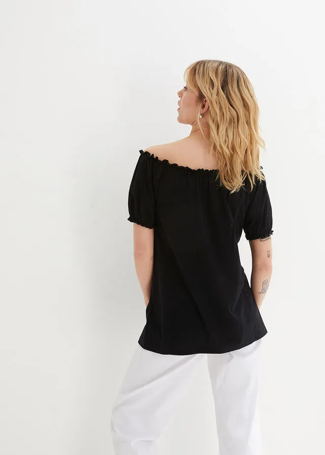 Camiseta con escote bañera Negro estampado