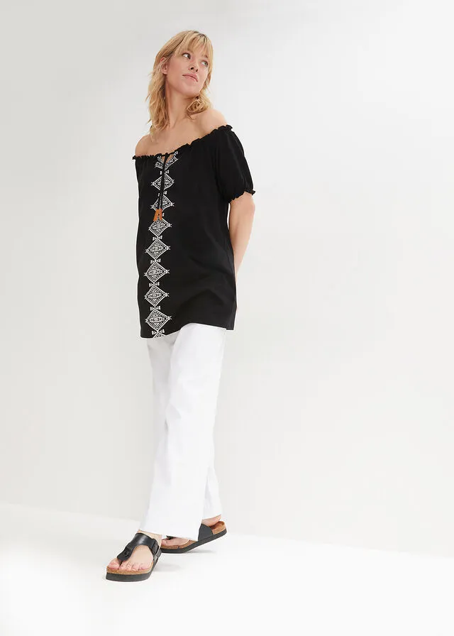 Camiseta con escote bañera Negro estampado