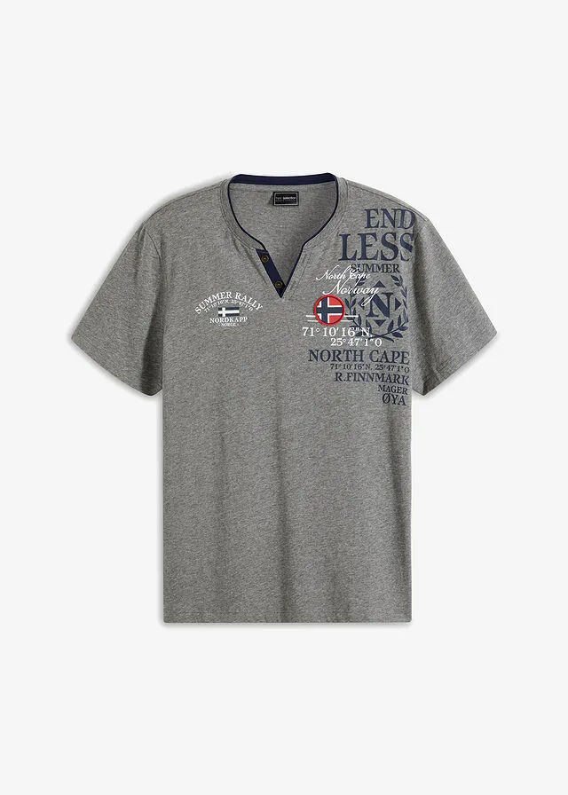 Camiseta de manga corta con cuello henley y estampado Gris jaspeado estampado