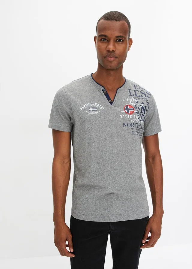 Camiseta de manga corta con cuello henley y estampado Gris jaspeado estampado