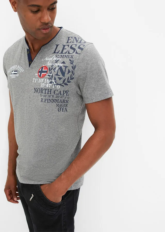 Camiseta de manga corta con cuello henley y estampado Gris jaspeado estampado