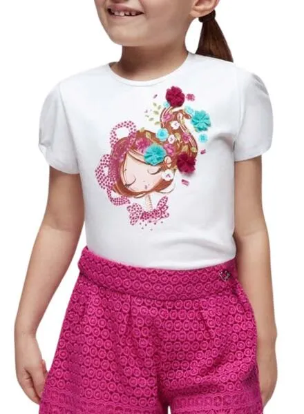Camiseta Mayoral Aplicaciones Blanco Fucsia Niña