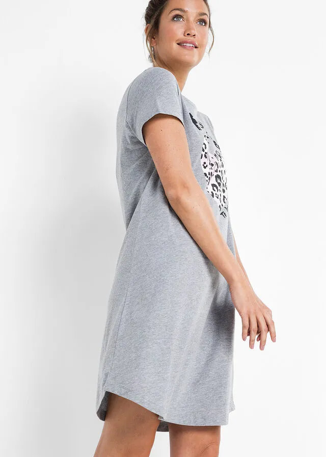 Camisón Gris jaspeado con estampado rosa