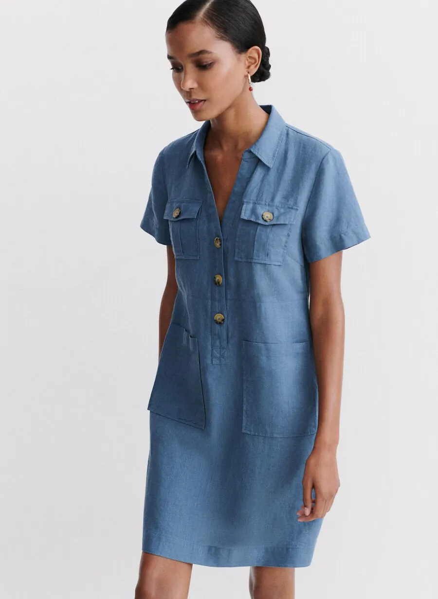 CAROLL LAUREB  VESTIDO CORTO DE LINO CON CUELLO CLáSICO EN AZUL