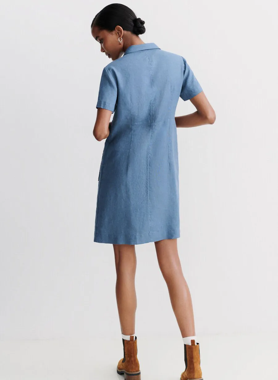 CAROLL LAUREB  VESTIDO CORTO DE LINO CON CUELLO CLáSICO EN AZUL