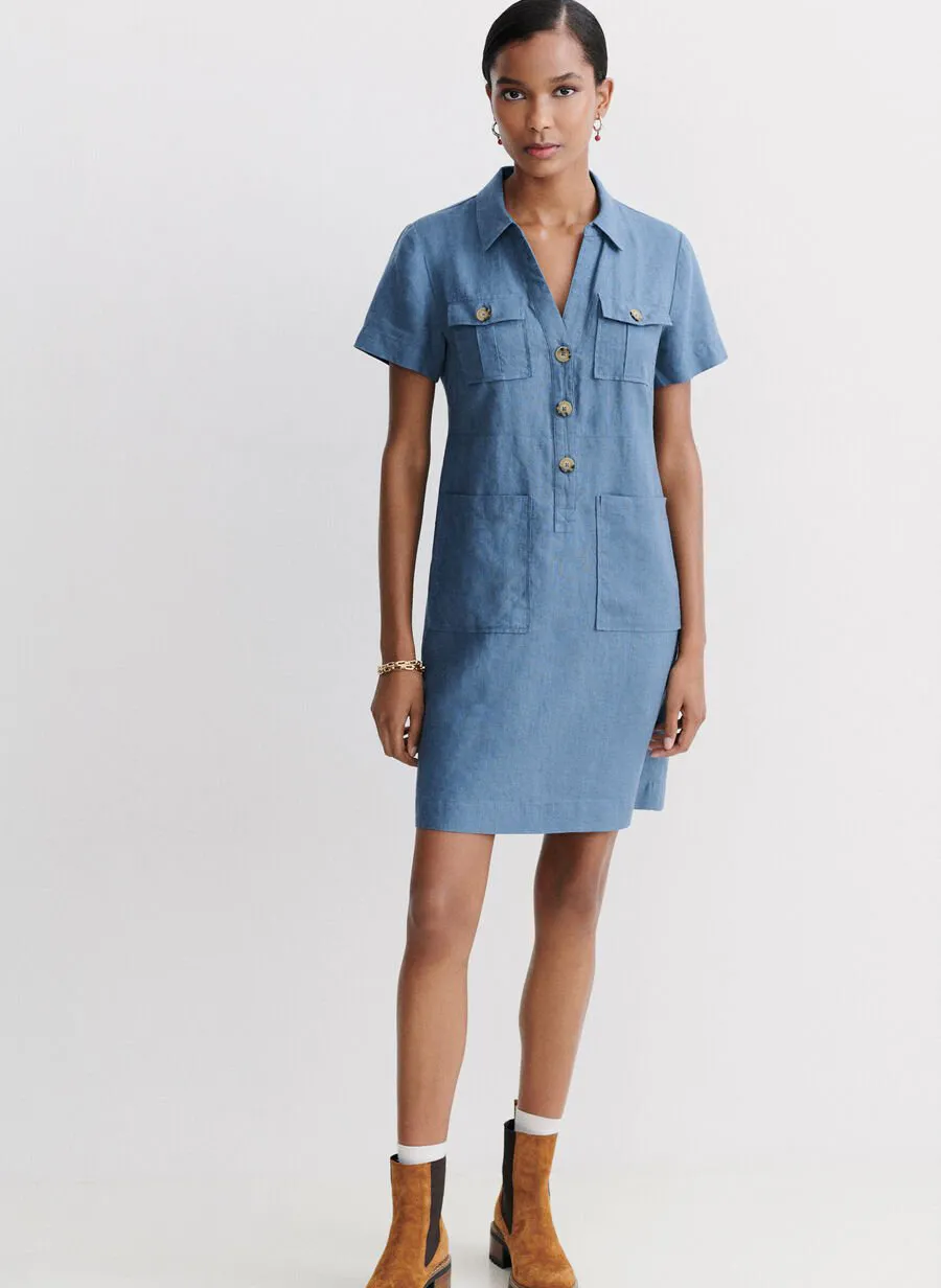 CAROLL LAUREB  VESTIDO CORTO DE LINO CON CUELLO CLáSICO EN AZUL