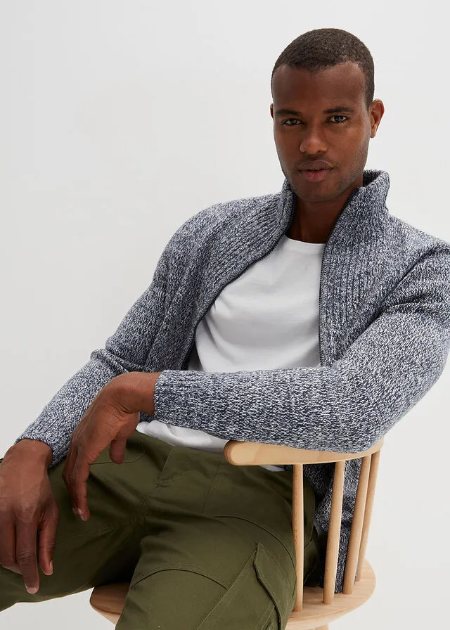 Chaqueta de punto con cuello alto azul marino/blanco lana moteado