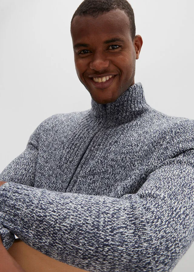 Chaqueta de punto con cuello alto azul marino/blanco lana moteado