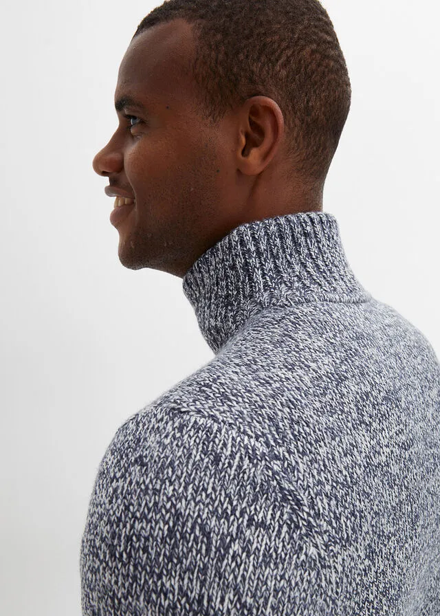 Chaqueta de punto con cuello alto azul marino/blanco lana moteado