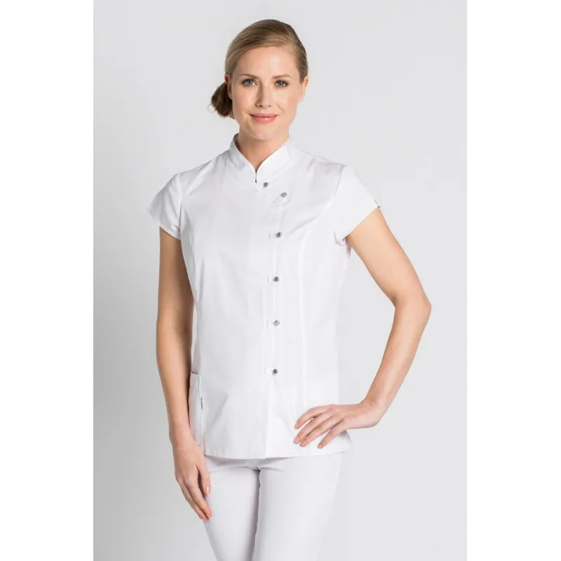 CHAQUETA LABORAL DE MUJER BLANCA CRUZADA CON BOTONES CUADRADOS DYNEKE