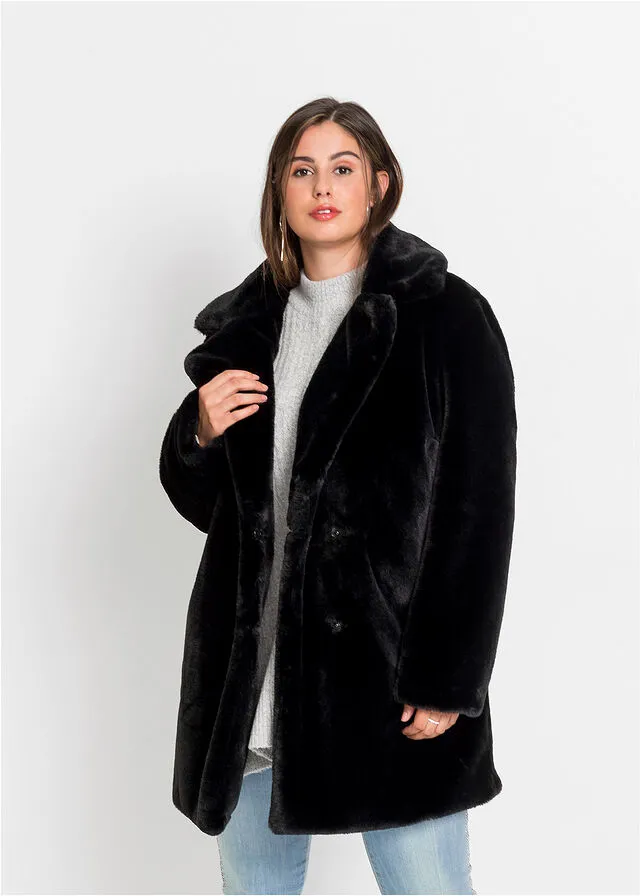 Chaqueta larga de pelo sintético Negro