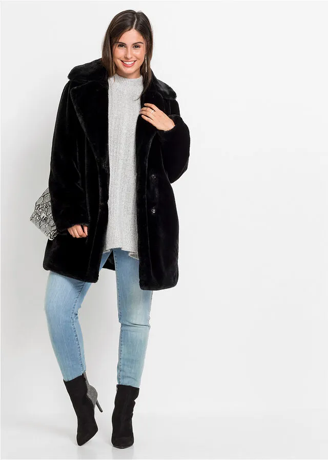 Chaqueta larga de pelo sintético Negro