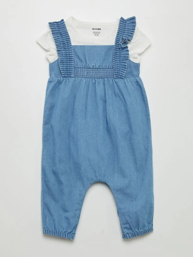 CONJUNTO DE PELELE EFECTO VAQUERO + BODY + DIADEMA  3 PIEZAS  AZUL