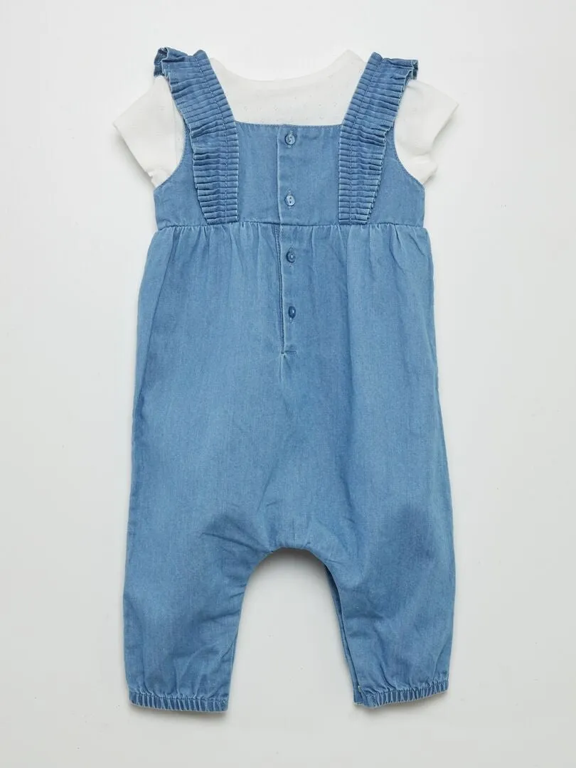 CONJUNTO DE PELELE EFECTO VAQUERO + BODY + DIADEMA  3 PIEZAS  AZUL