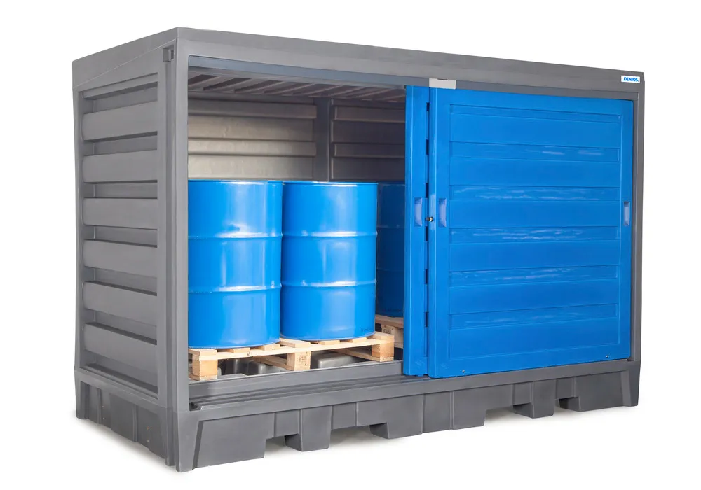 Depósito PolySafe 2C, con puertas correderas, para 8 bidones de 200 litros o 2 GRG de 1000 litros