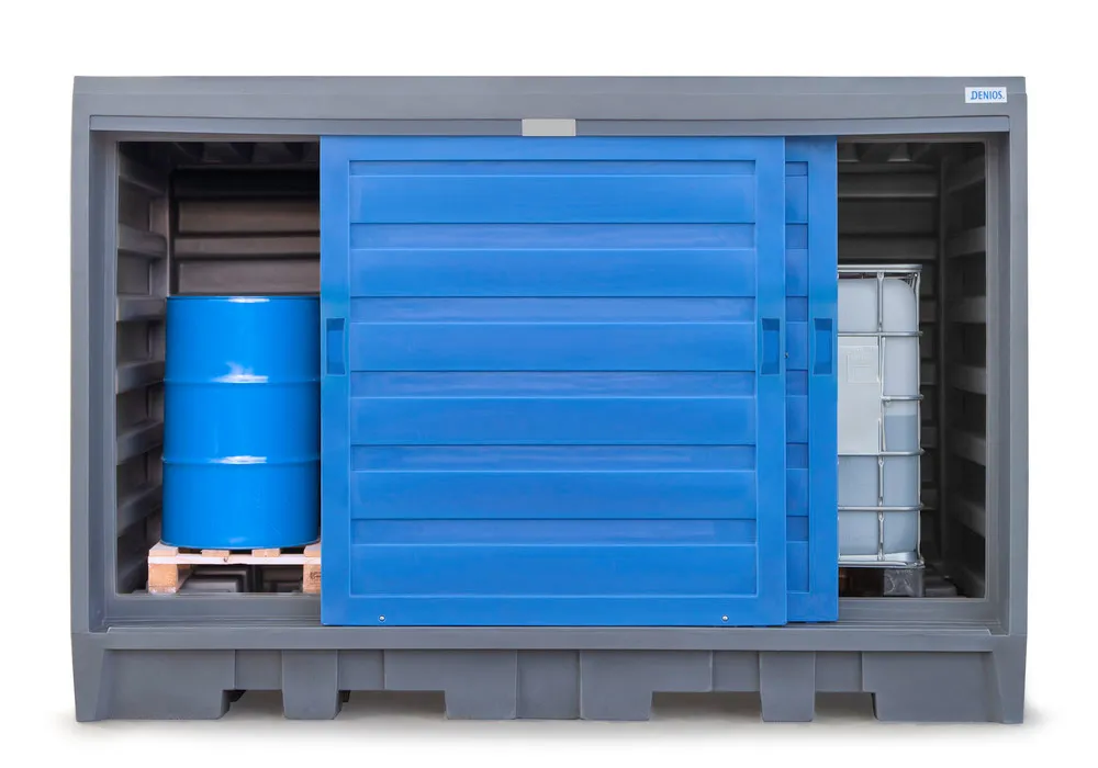 Depósito PolySafe 2C, con puertas correderas, para 8 bidones de 200 litros o 2 GRG de 1000 litros