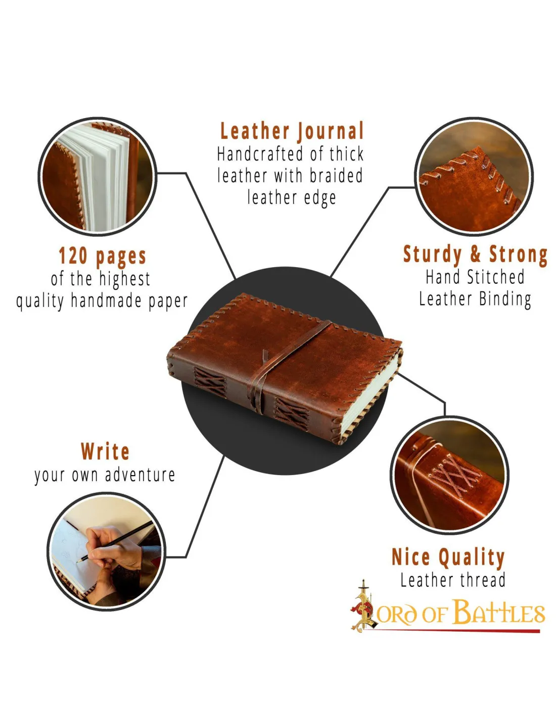 Diario medieval en cuero con bordes cosidos