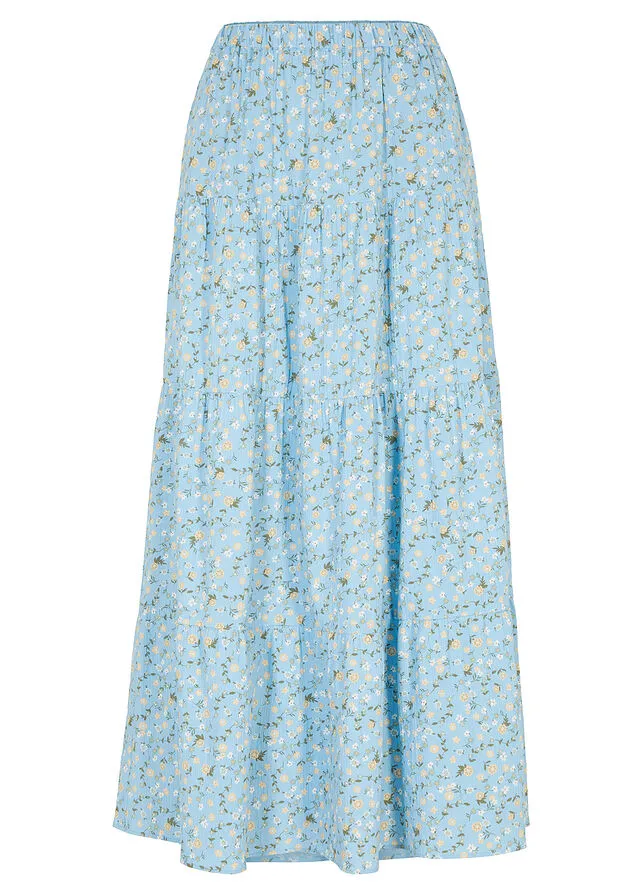 Falda larga con volantes azul claro con flores