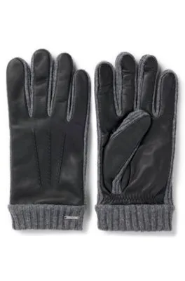 Guantes de lana y piel con ribete de logo