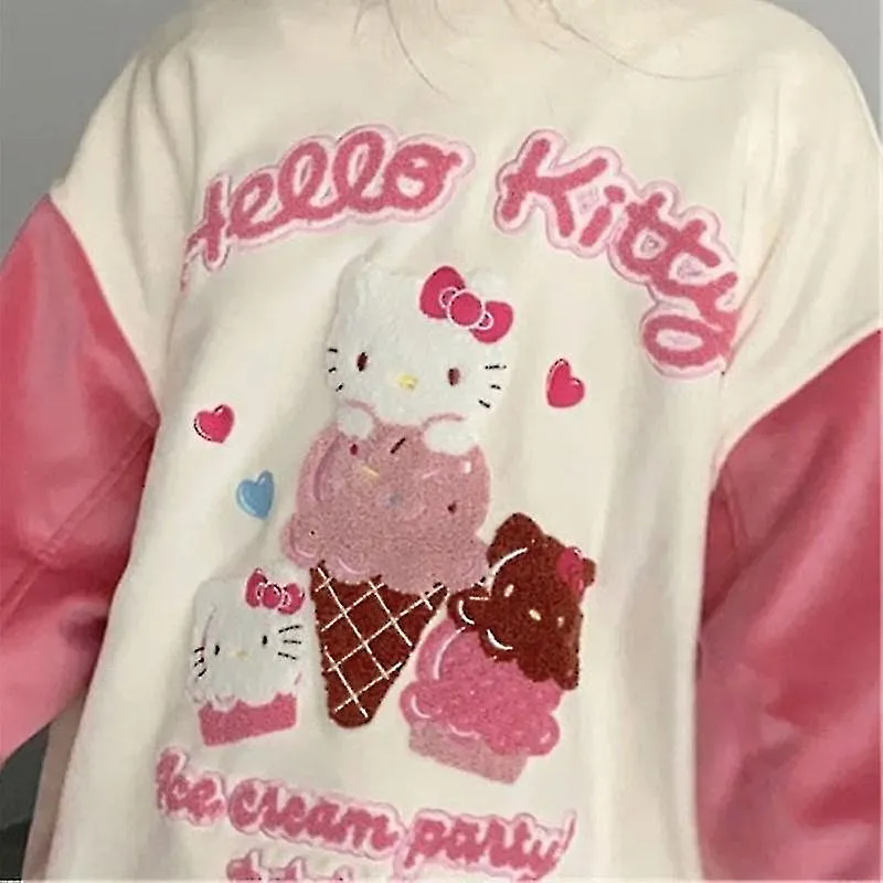 Jaket Seragam Bisbol Hello Kitty Mainan Mewah Anime Sanrio Pakaian Pasangan Kasual Longgar Serbaguna Kawaii Hadiah Ulang Tahun K