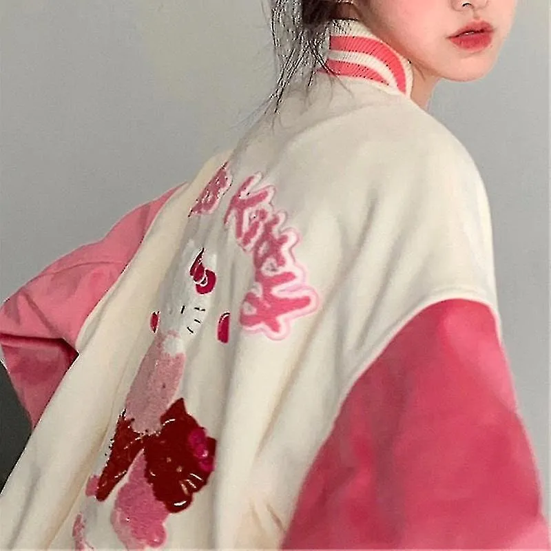 Jaket Seragam Bisbol Hello Kitty Mainan Mewah Anime Sanrio Pakaian Pasangan Kasual Longgar Serbaguna Kawaii Hadiah Ulang Tahun K